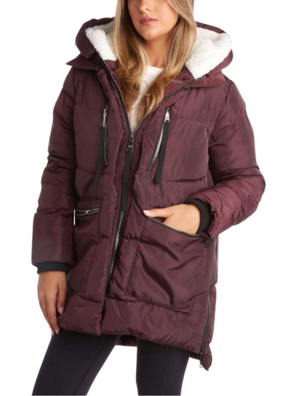 Womens Merlot Cozy Faux Sherpa Hood Adjustable Side Zip Mid Length Puffer Jacket